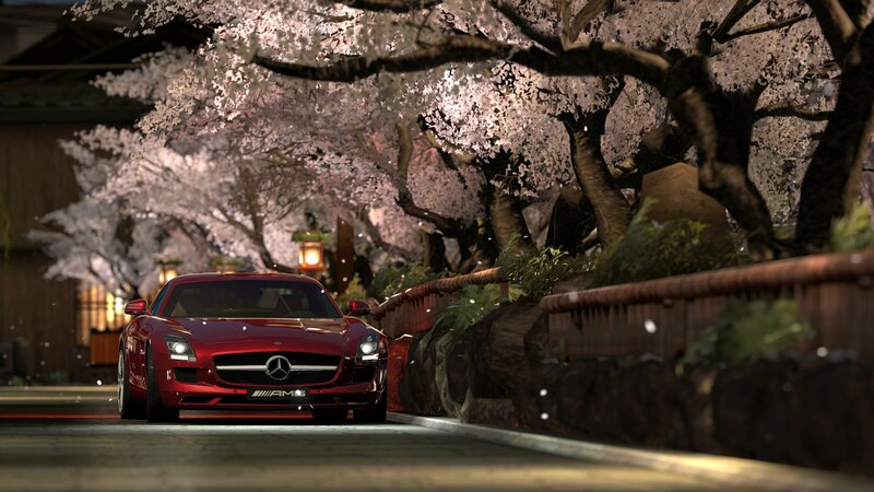Red Sports Car — Serene, Night, 3d Render, Cherry Blossoms, Street, Lantern, White