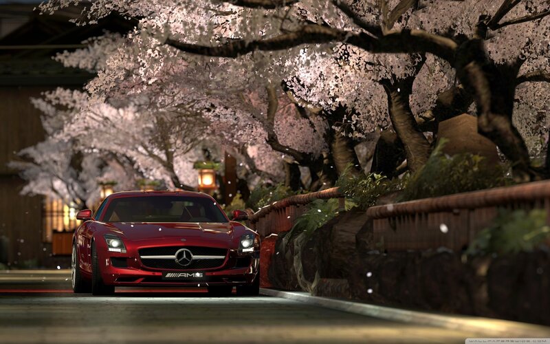 Red Sports Car — Serene, Night, 3d Render, Cherry Blossoms
