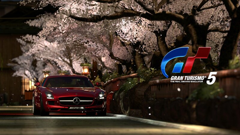 Red Sports Car — Serene, Night, 3d Render, Cherry Blossoms, Trees