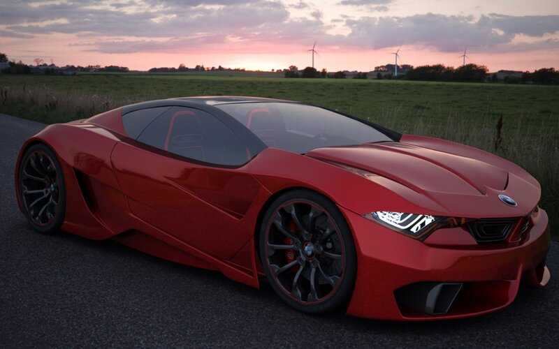 Red Sports Car — Serene, Sunset, 3d Render, Wind Turbines