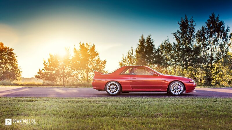 Red Sports Car — Serene, Sunset, Photograph, Road, Trees