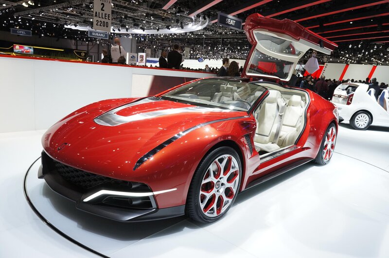 Red Sports Car — Showroom, Photograph, Car Show, People