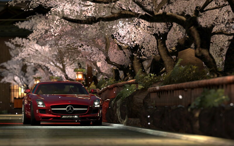 Red Sports Car under Cherry Blossoms — Serene