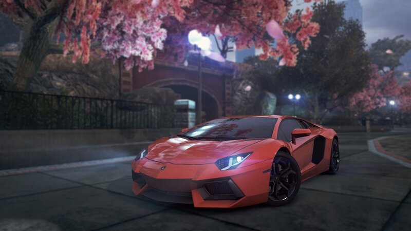 Red sports car under cherry blossoms