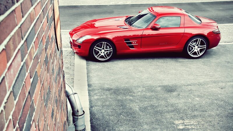 Red Sports Car — Urban, Photograph, Brick Wall