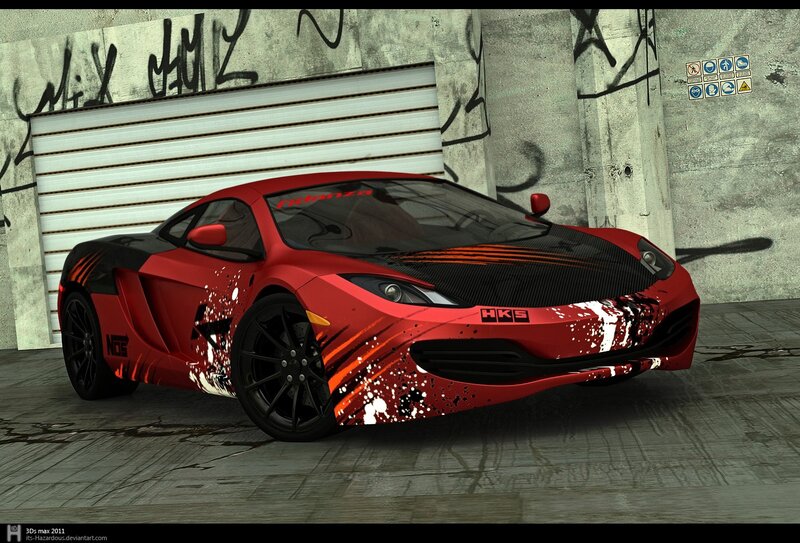 Red sports car with decals