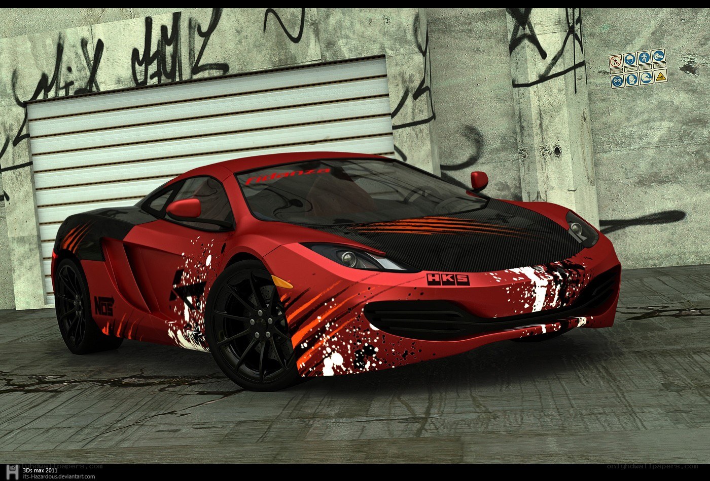 Red sports car with decals