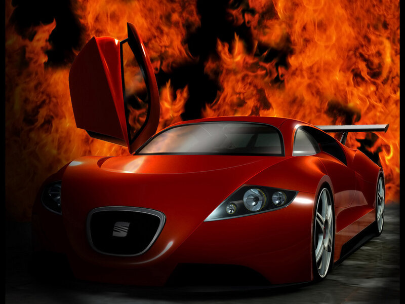 Red sports car with flames