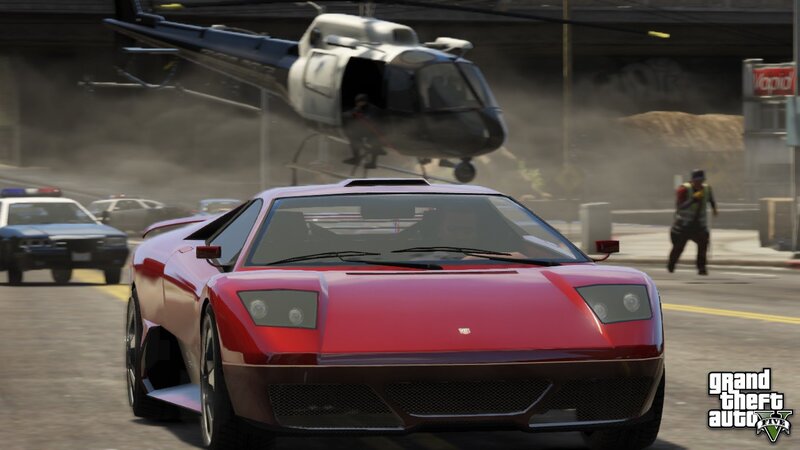 Red sports car with helicopter chase