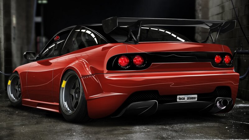 red sports car with rear wing
