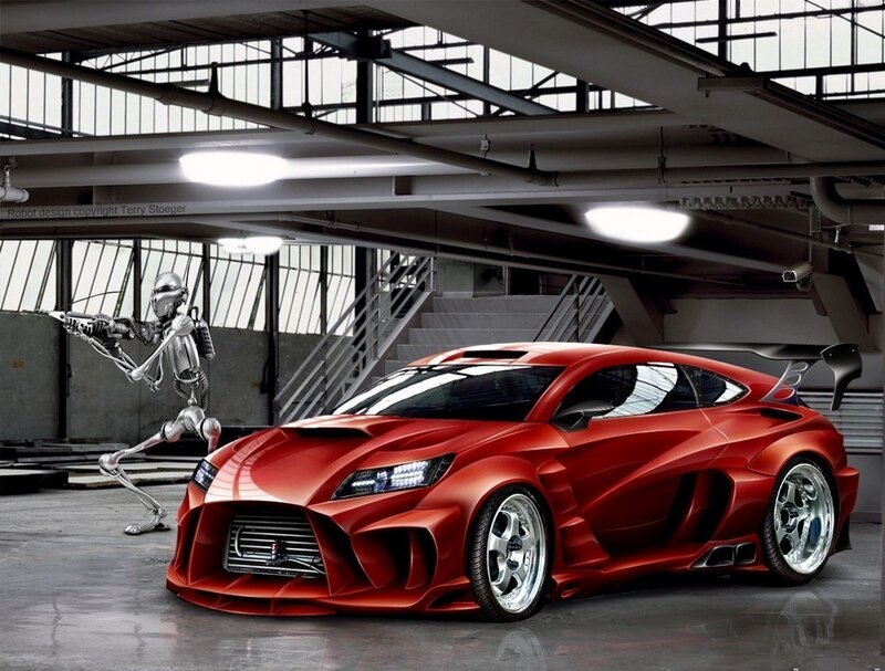 Red sports car with robot