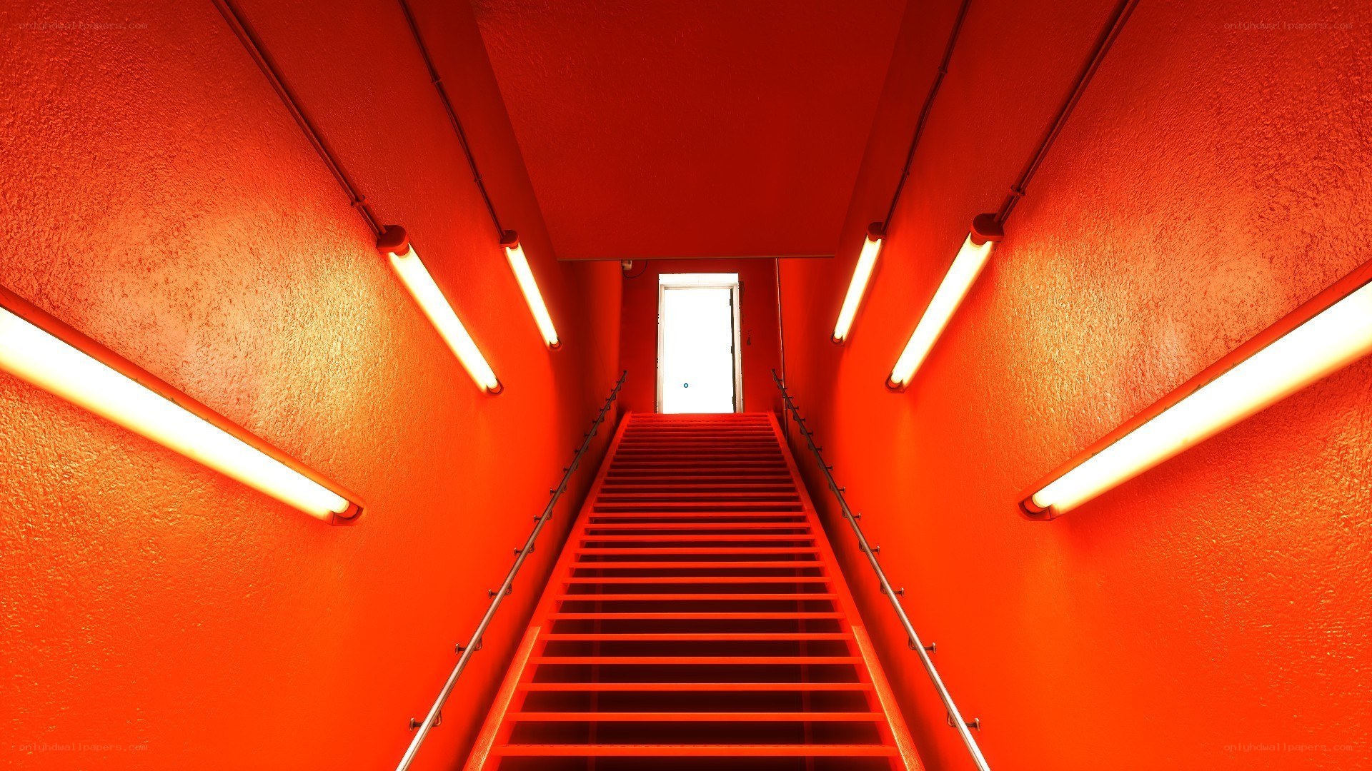 red staircase with fluorescent lights