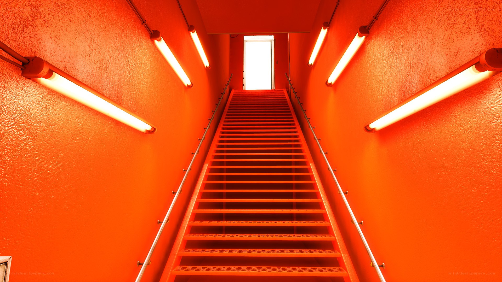 Red staircase with fluorescent lights