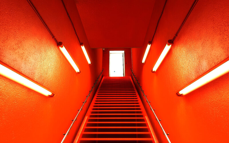Red Staircase with Lights — Dramatic