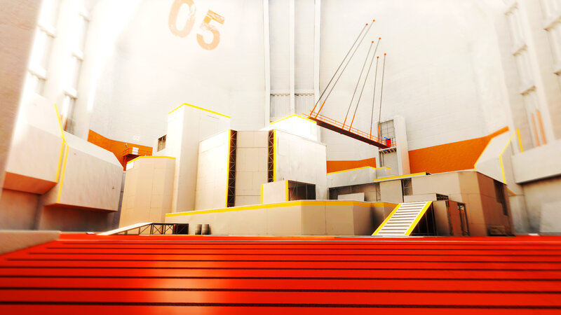 Red stairs in a futuristic arena
