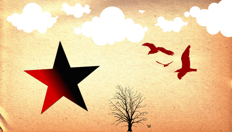 Red star and birds in sky