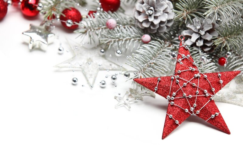 Red Star Ornament — Festive, Winter, Photograph, Pine Branches, Ornaments, Stars