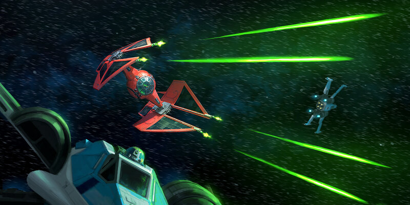 Red Starfighter in Space — Green