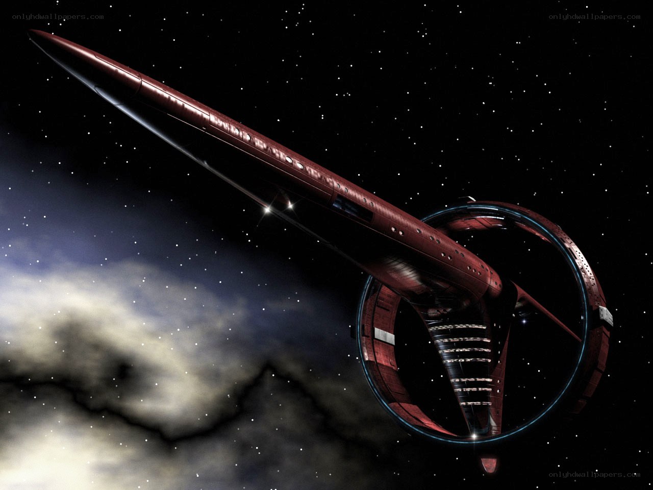 red starship in space