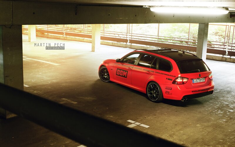 Red Station Wagon — Dramatic, Photograph, Car, Parking Garage
