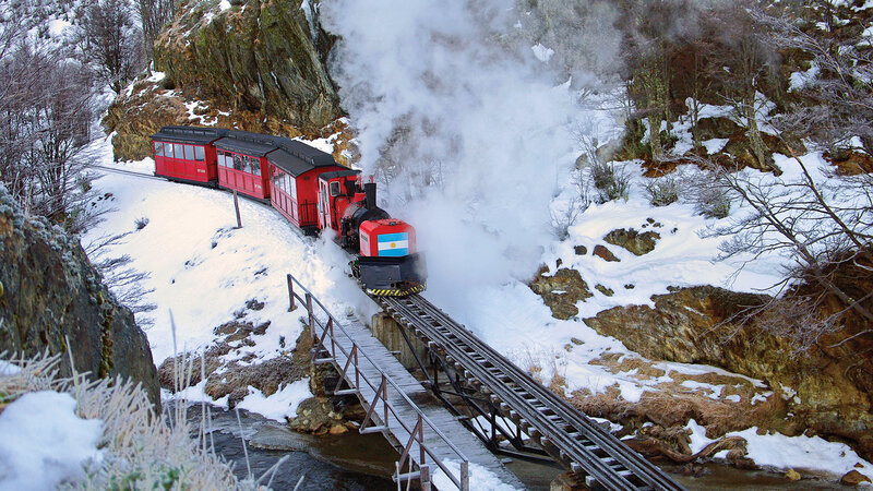 Red Steam Train in Snow