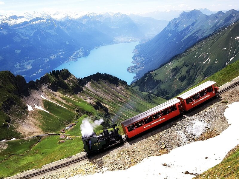 Red Steam Train on Mountain — Green, Serene