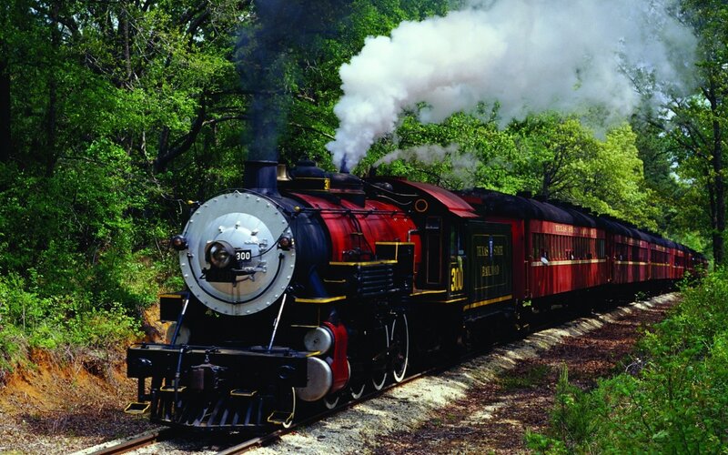 Red Steam Train — Serene, Afternoon