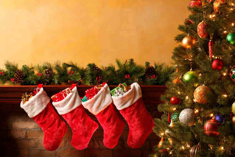 Red Stockings on Mantel — Festive