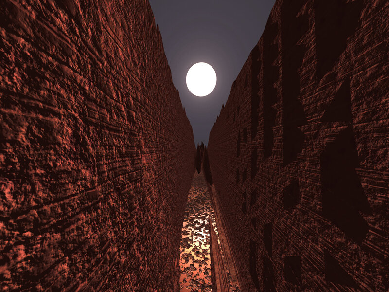 Red stone corridor under moonlight
