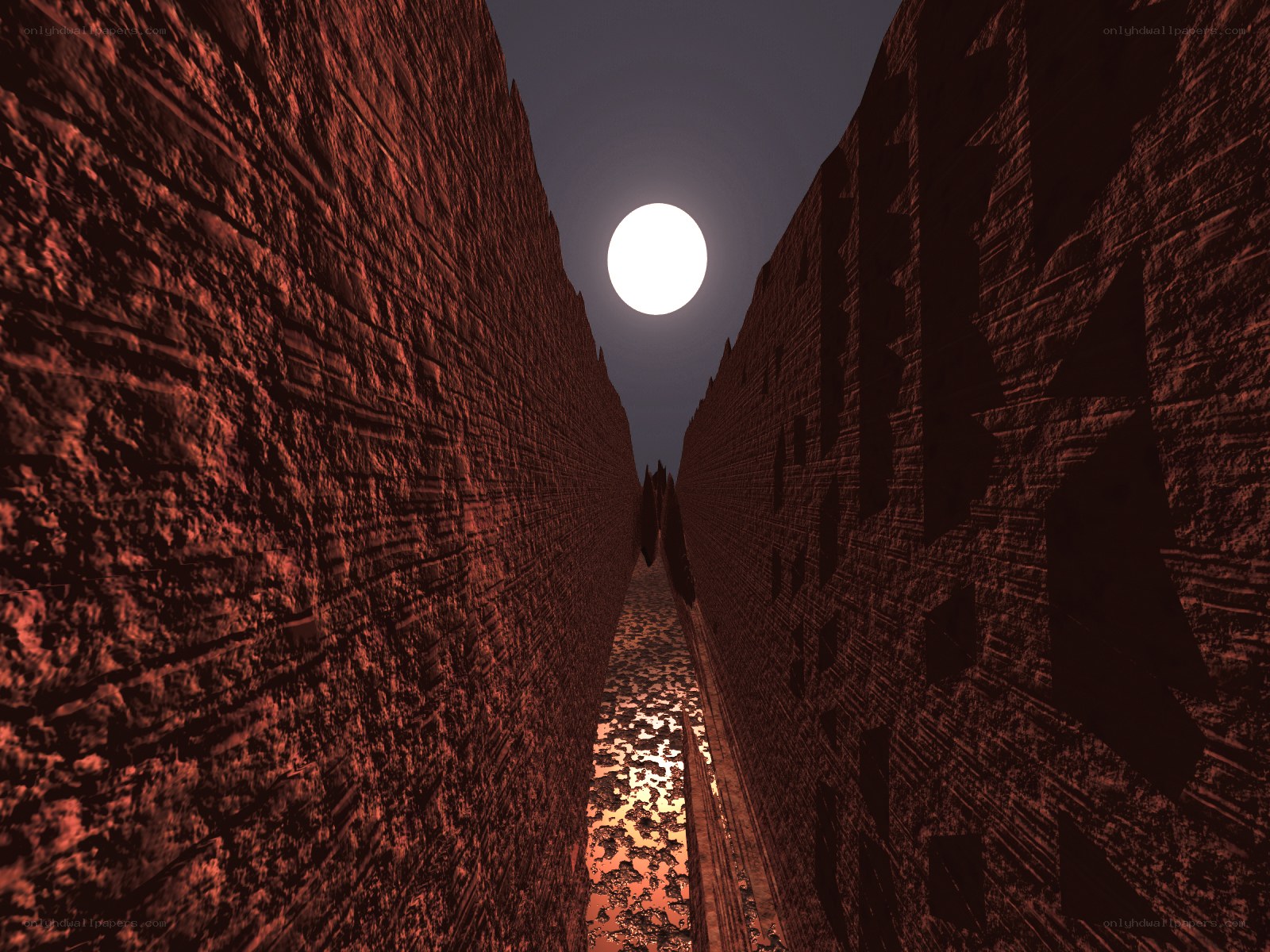 Red stone corridor under moonlight