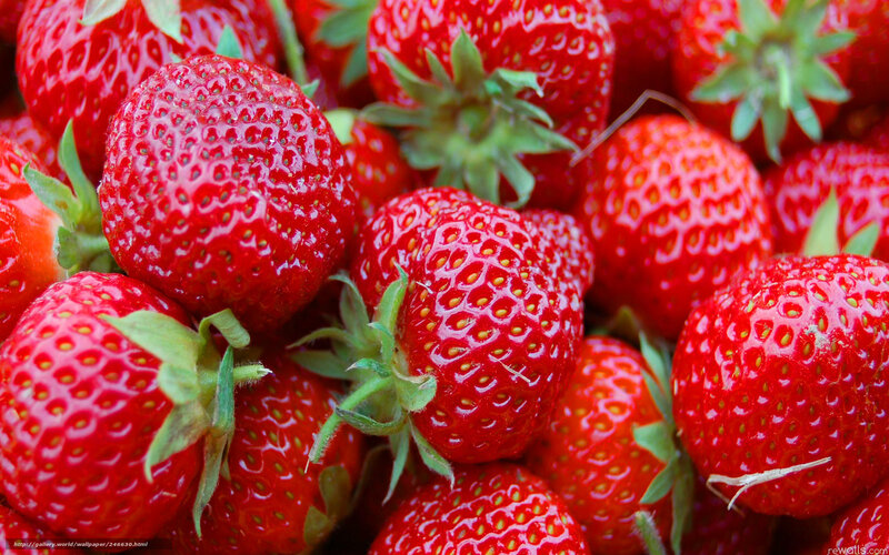 Red Strawberries — Fresh, Photograph, Green Stems, Seeds
