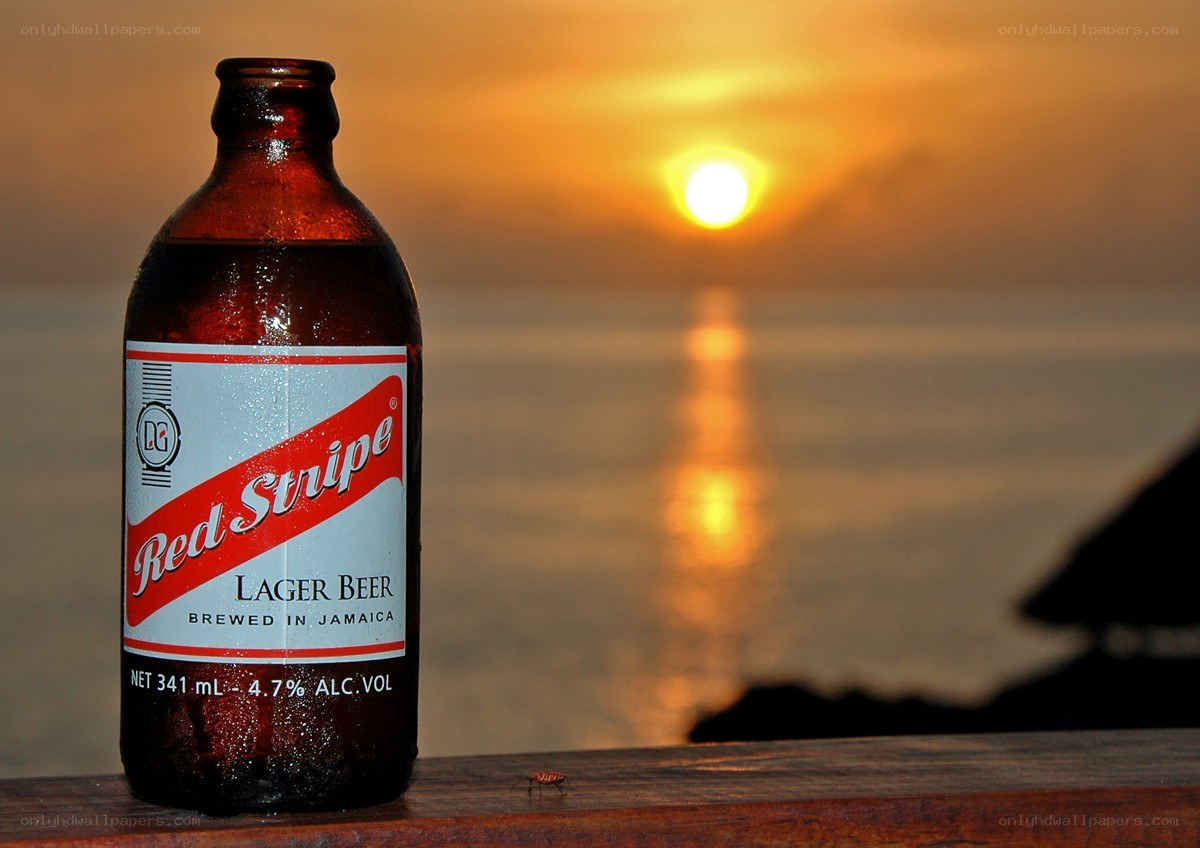 Red Stripe beer at sunset