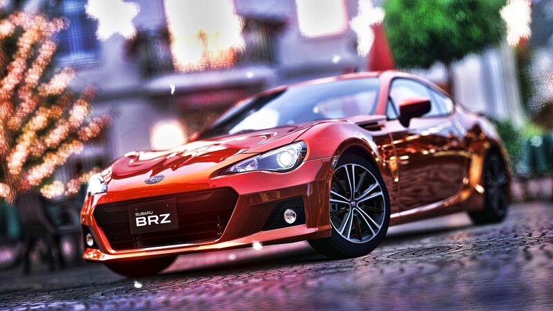 Red Subaru BRZ on city street