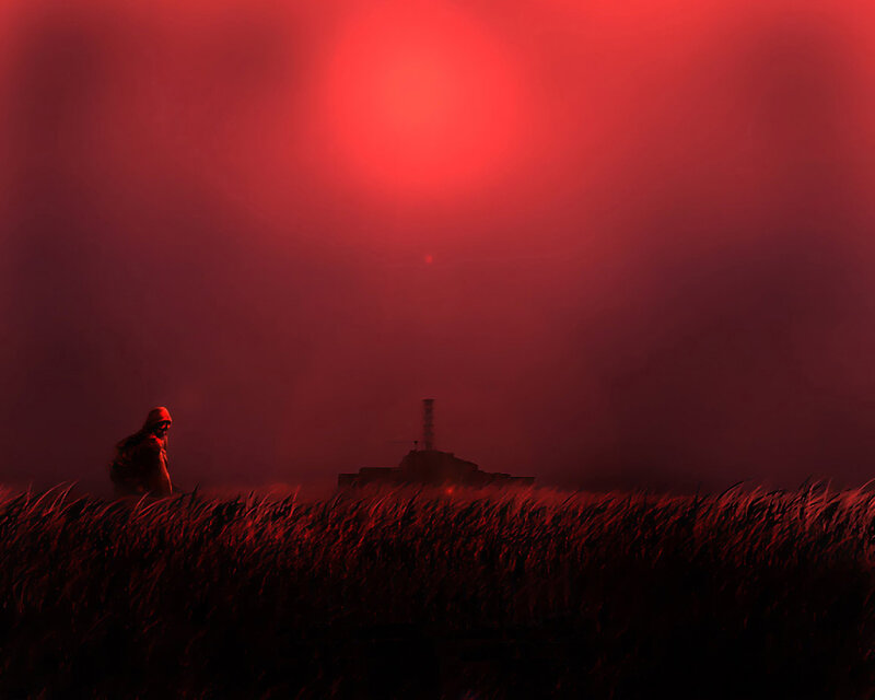 Red Sun Over a Desolate Field