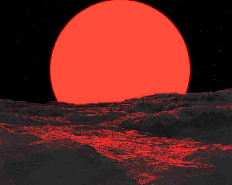 Red sun over alien landscape