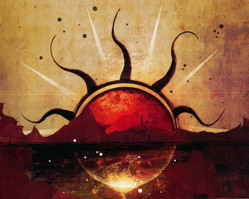Red sun over dark landscape