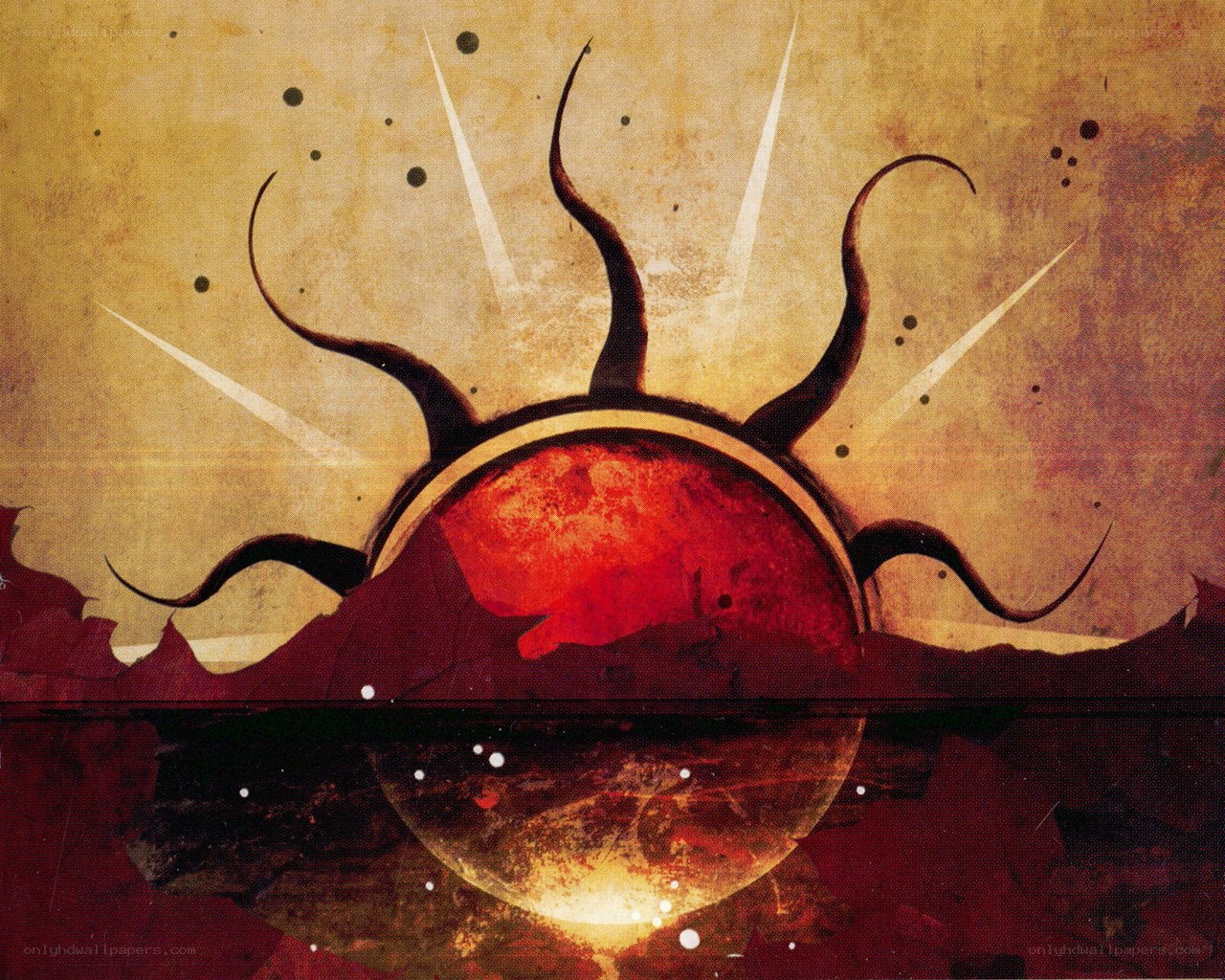 Red sun over dark landscape