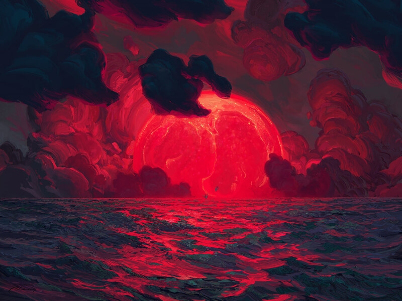 Red Sun over Ocean — Dramatic