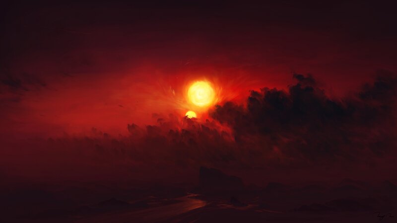 Red Sun over Rocky Landscape