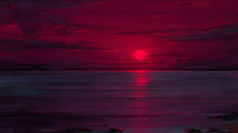 Red Sun over Water — Dramatic, Sunset, Digital Art, Sky