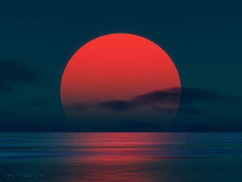 Red Sun over Water — Serene, Sunset, Digital Art, Mountains