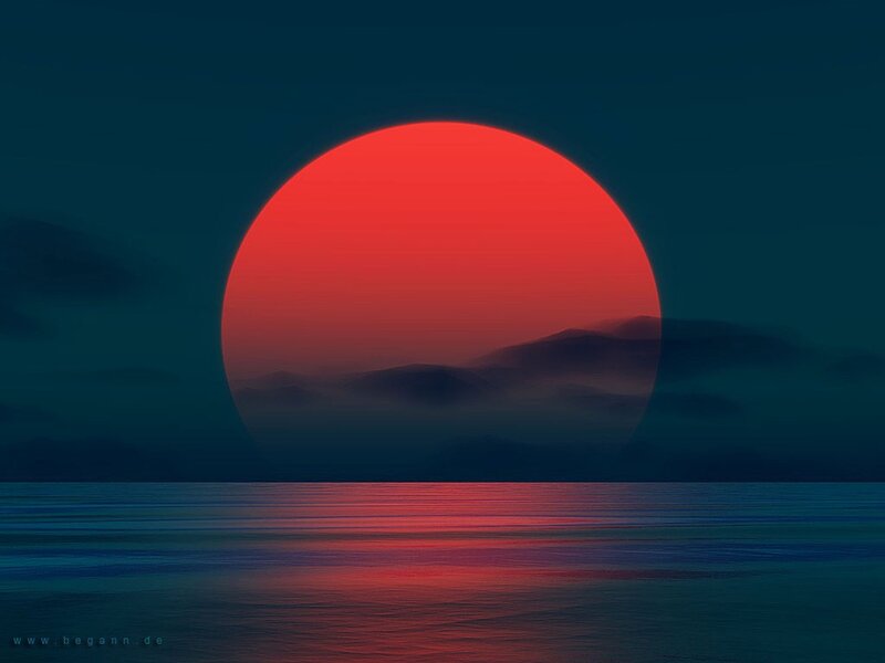 Red Sun over Water — Serene, Sunset, Digital Art