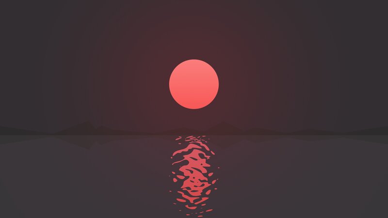 Red Sun over Water — Serene, Sunset, Minimalist, Mountains