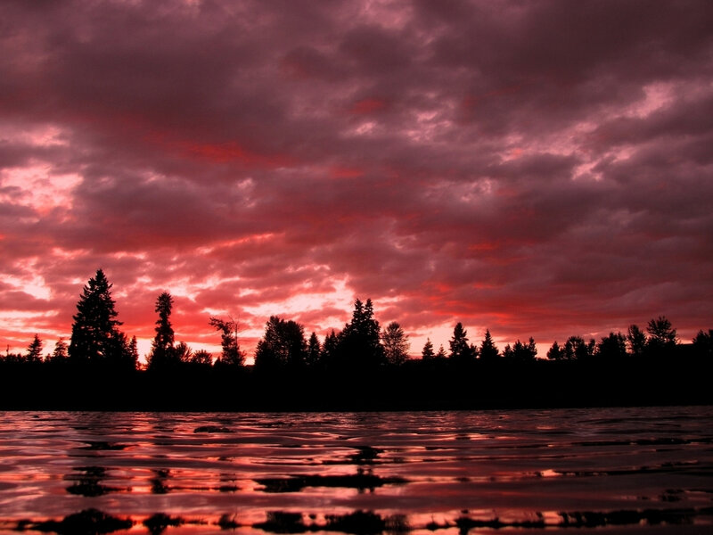 Red sunset over a lake