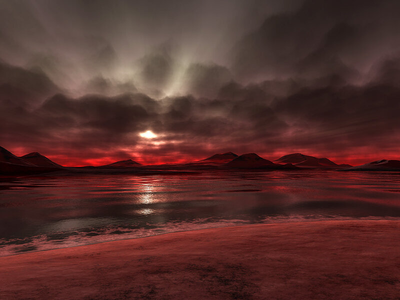 Red sunset over alien landscape