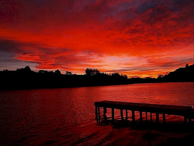 Red Sunset over Lake — Dramatic, Photograph, Dock
