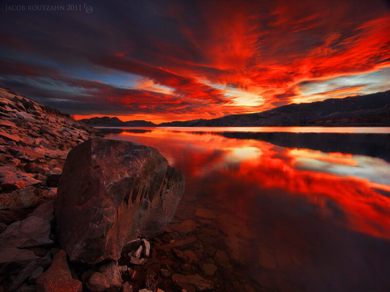 Red Sunset over Lake — Dramatic, Photograph, Rocks