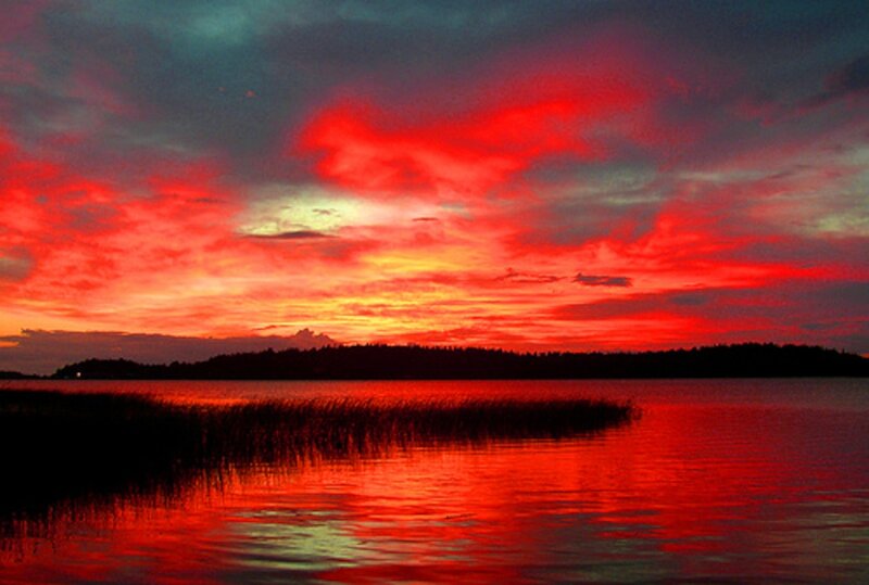 Red Sunset over Lake — Dramatic, Photograph, Sky