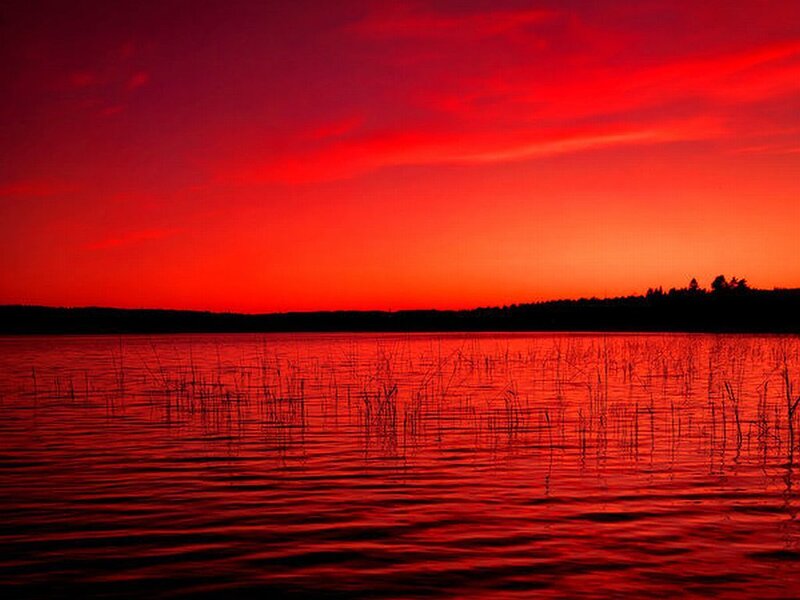 Red Sunset over Lake — Dramatic, Photograph