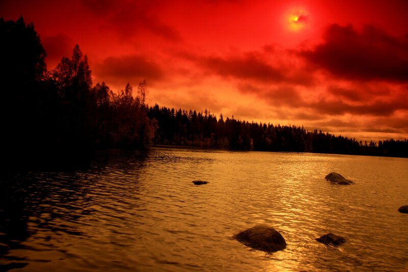 Red Sunset over Lake — Dramatic, Photograph, Trees, Rocks
